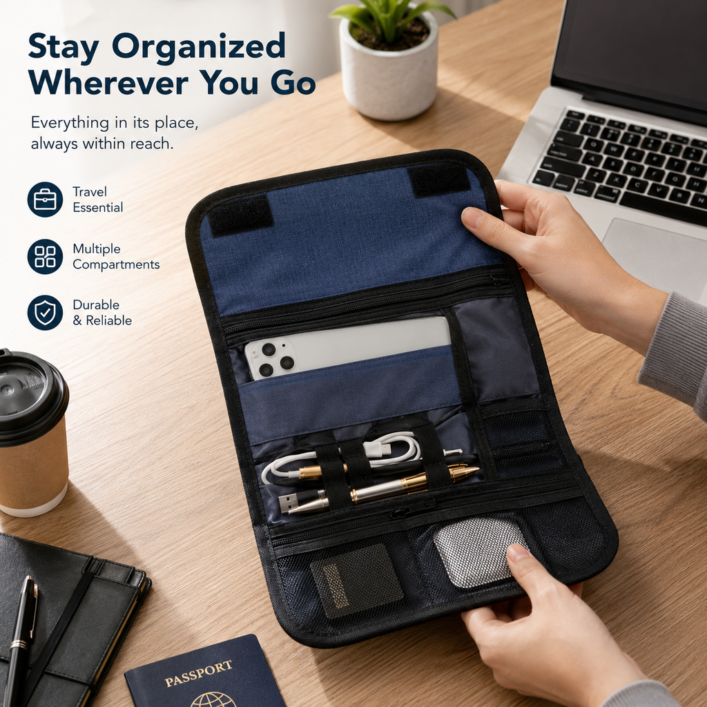 CarryGrid Cable Organizer Roll – Foldable Tech Accessories Storage Pouch