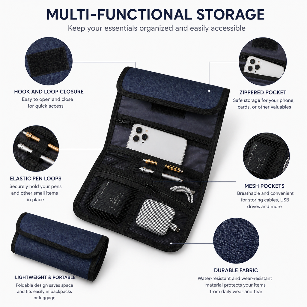 CarryGrid Cable Organizer Roll – Foldable Tech Accessories Storage Pouch