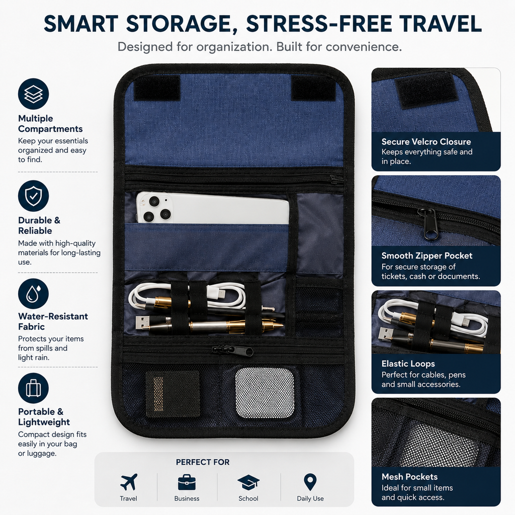CarryGrid Cable Organizer Roll – Foldable Tech Accessories Storage Pouch