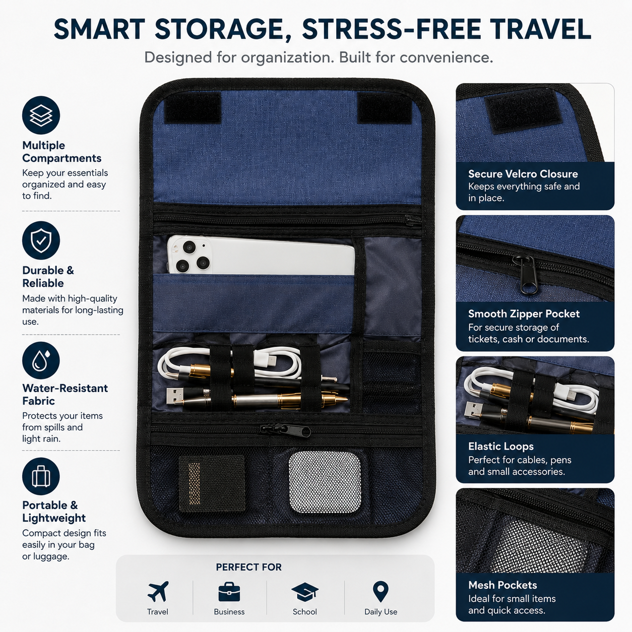 CarryGrid Cable Organizer Roll – Foldable Tech Accessories Storage Pouch
